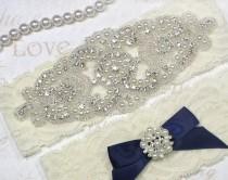 wedding photo - SALE - ALANA II - Stretch Lace Garter, Pearl Wedding Navy Garter Set, Rhinestone Crystal Bridal Garters, Keepsake Garter, Something Blue
