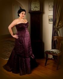wedding photo - Plus Size Wedding Corset Gown, Burgundy Brocade Curvy Corset, Smoothing Busk, Full Figured Fitted Flared Long Skirt, free fitting and mockup
