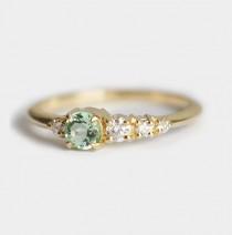 wedding photo - Tourmaline Diamond Cluster Ring, Mint Tourmaline Ring, Cluster Diamond Ring, Five Stone Ring, Five Stone Band, Green Engagement Ring