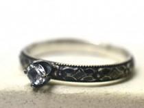 wedding photo - Gothic White Topaz Ring, Diamond Substitute, Oxidized Silver Victorian Style Poesy Floral Band, Natural White Crystal Engagement Ring
