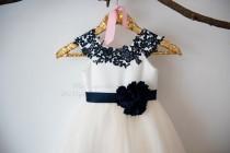 wedding photo - Cap Sleeves Navy Blue Lace Champagne  Tulle Flower Girl Dress Wedding Bridesmaid Dress M0038