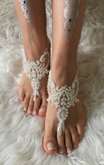 wedding photo -  Ivory pearl lace barefoot sandals, FREE SHIP, beach wedding barefoot sandals, belly dance, lace shoes, bridesmaid gift, beach shoes