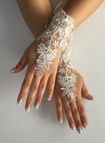 wedding photo -  FREE SHIP Ivory Wedding gloves bridal glove, lace wedding glove, fingerless lace, bridesmaid gift, prom, party, anniversary, costume