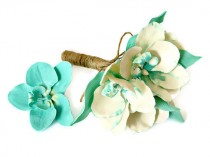 wedding photo - Orchid bouquet and hair flower clip, Small bridal bouquet, Bridesmaid wedding accessories, Mint white clay orchids, Rustic wedding flowers