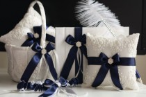 wedding photo - Blue Wedding Basket   Navy Bearer Pillows   Guest Book with Pen   Bridal Garter Set  Lace Ring Bearer Pillow   Flower Girl Basket Set
