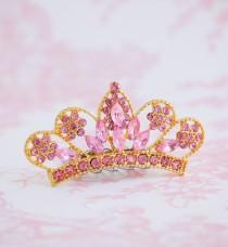 wedding photo - Crown Tiara PINK Rhinestone Gold Tiara Flower Girl Hair Comb Princess Birthday Crown Pink Queen