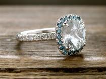 wedding photo - Natural White Sapphire Engagement Ring in 14K White Gold with Teal Diamonds in Halo-Style Setting Size 6