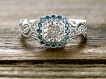 wedding photo - Radiant Cut Diamond Engagement Ring in 14K White Gold with Teal Blue Diamonds in Flower Blossoms and Leafs on Vine Size 7