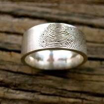 wedding photo - Custom Made Finger Print Wedding Band in Sterling Silver with Pipe Cut or Flat Ring Profile and Handwritten Quote Size 9