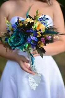 wedding photo - Peacock bouquet ~ Peacock wedding ~ Bridal bouquet ~ Peacock wedding flowers ~ Teal wedding ~ Teal bouquet ~ Feather wedding bouquet