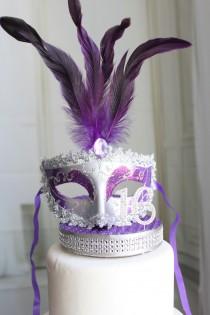 wedding photo - Masquerade, Mask, Rhinestone Sweet 16 Cake Topper Purple and Silver, Venetian, Carnival