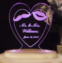 wedding photo - Mr. & Mrs. Wedding Cake Topper - Moustache and Lips - Acrylic - Personalized - Light Option