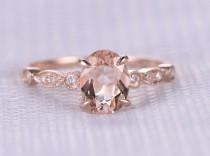 wedding photo - Pink morganite Engagement ring,14k Rose gold,6x8mm Oval Cut Peach gemstone,diamond Wedding Band,Art Deco Antique,Claw Prongs,Milgrain design
