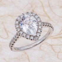 wedding photo - Pear Shape White Sapphire Diamond Halo Engagement Ring - 14kt White Gold 0.55 ctw G-SI2 Quality Diamonds