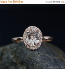 wedding photo - Peachy Pink Morganite Oval Engagement Ring - Diamond Halo - Oval Solitaire