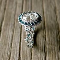 wedding photo - Yehuda Diamond Engagement Ring in Platinum with Teal Turquoise Blue Diamonds in Fine Vine Setting Size 6