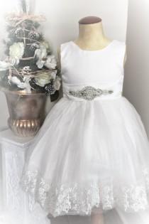 wedding photo - White Flower Girl Dress- White Lace Flower Girl Dress- Couture Flower Girl Dress- Birthday Girls Dress