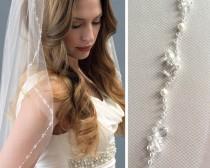 wedding photo - Crystal Beaded Wedding Veil, Pearl Bridal Veil, Ivory Veil, Fingertip Length Veil, Veil for Bride, Veil with Comb, Bridal Headpiece ~VB-5055