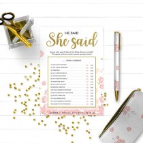 wedding photo -  Gold and Pink Bridal Shower He Said She Said Game-Golden Glitter Floral DIY Printable He Said She Said Game-Personalized Guess Who Said Game