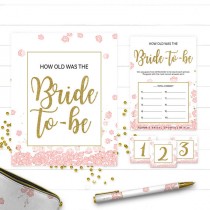 wedding photo -  Pink and Gold How Old was the Bride-to-Be Bridal Shower Game-DIY Golden Glitter Floral Printable How Old Was the Bride Cards and Sign
