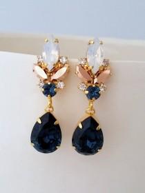wedding photo - Navy blue earrings,Bridal earrings,Chandelier earrings,Navy rose gold white earring,Bridesmaid gift,Blue white opal Bridal earring,Swarovski