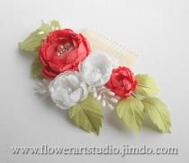 wedding photo - Coral, White and Green Flower Comb, Peach Bridal Headpiece, Pearl and Flower Bridal Comb, Orange Bridal Hair Flower, Bridal Hair Comb.