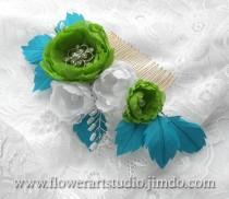 wedding photo - Bright Green and Turquoise Flower Comb, Headpiece, Pearl and Flower Bridal Comb, Blue and Green Bridal Hair Flower, Bridal Hair Comb.