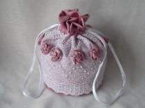 wedding photo - Drawstring bridal wedding bag  satin and lace money purse white pink