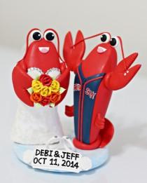 wedding photo - A clay Lobster Couple wedding Cake Topper / Raced dress on the bride & Jersey on the groom
