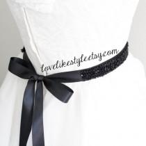 wedding photo - Black Sequined and Beaded Lace Black Ribbon Sash, Bridal Black Sash, Bridesmaid Sash, Black Sequined Headband.