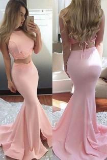 wedding photo - Two Piece Mermaid Jewel Sweep Train Pink Backless Prom Dress with Lace