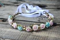 wedding photo - Pink Floral Crown, Pink and Gold Rose Flower Crown, bridal crown, Flower girl flower crown, bridesmaid headpiece