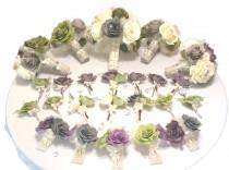 wedding photo - Plum purple and olive green Bridal party bouquet package, Made in colors of your choice, Wedding party bouquets, Paper Bouquets, Boutonniere
