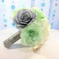 wedding photo - Mint green with silver and ivory paper rose wedding bouquet available in three different sizes and your choice of colors