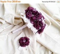 wedding photo - READY to SHIP White blackberry purple silver Fabric Bouquet winter Wedding Bridal Bouquet with Pearls handmade flowers brooches cotton lace