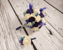 wedding photo - Bridal cream dark blue turquoise wedding feathers MEDIUM BOUQUET Flowers, satin ribbon Handle cotton lace elegant vintage boho