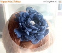 wedding photo -  Headband Navy blue chiffon flower, bridesmaid Corsage hand made silk flower vintage brooch