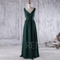 wedding photo - 2016 Dark Green Bridesmaid Dress, V Neck Wedding Dress, Ruched Bodice Prom Dress, Long Chiffon Evening Gown Floor Length (T111B)