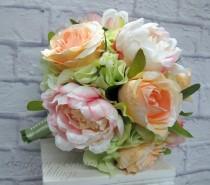 wedding photo - Wedding bouquet, Peach and pink peony bouquet - Silk bridal bouquet