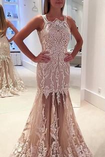 wedding photo - Mermaid Jewel Illusion Back Sweep Train Light Champagne Prom Dress with Lace Appliques