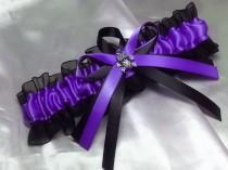 wedding photo - Skull Themed Wedding Garter purple and black, satin and organza, skull garter, crossbones garter