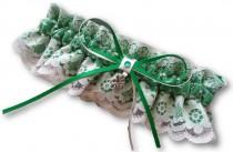 wedding photo - Wedding Garter , beautiful emerald green satin and Ivory Lace with shamrock, satin and lace garter