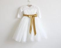 wedding photo - Long Sleeves Light Ivory Flower Girl Dress Lace Tulle Flower Girl Dress With Gold Sash/Bows Floor-length