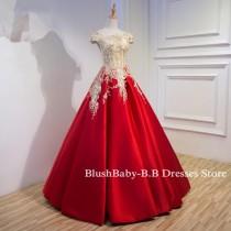 wedding photo - Champagne Red Ball Gown A-Line Off Shoulder Prom Dress Hand Made Lace Beaded Prom Ball Gown Women Evening Party Prom Ball Quality Made
