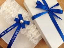 wedding photo - Personalised Wedding Garter in Royal Blue- Made to order with name and wedding date - Excellent Gift for the Bride - Lingerie Belt PG106GB