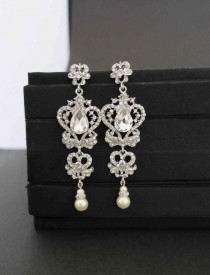 wedding photo -  Bridal Earrings Vintage, Chandelier Wedding Earrings, Bridal Crystal Earrings Art Deco Bridal Statement Earrings Wedding Jewelry Long Dangle