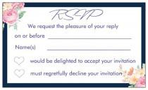 wedding photo - 10 RSVP REPLY CARDS Navy blue flowers vintage floral white print text for including with wedding invitations