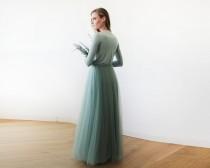 wedding photo - Sage green maxi length tulle gown with long sleeves , Green sage bridesmaids tulle gown 1066