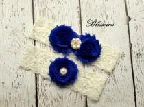 wedding photo - Beautiful Bridal Garter Set - Ivory Keepsake & Toss Wedding Garter - Chiffon Flower Rhinestone Lace Garters - Something Blue - U Pick Color