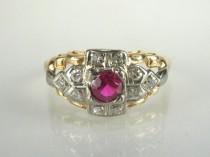 wedding photo - Vintage Synthetic Ruby and Diamond Ring